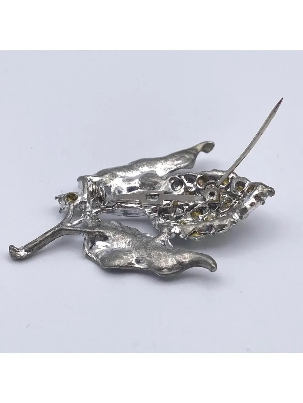 Ornate Vintage Silver Tone and Clear Rhinestone Grape Cluster with Leaves.